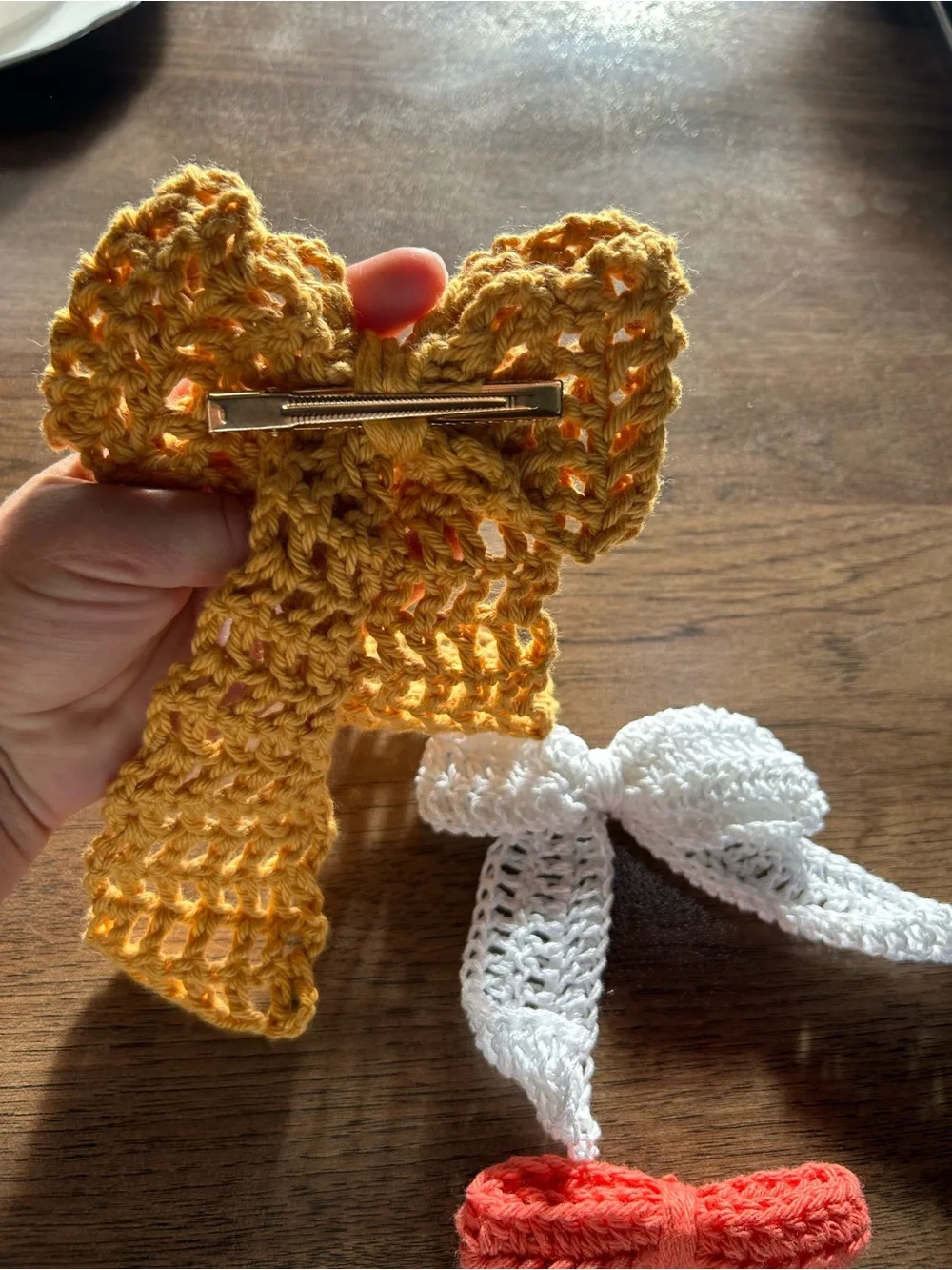 Crochet Bow Headband for Kids — Mustard, White & Coral